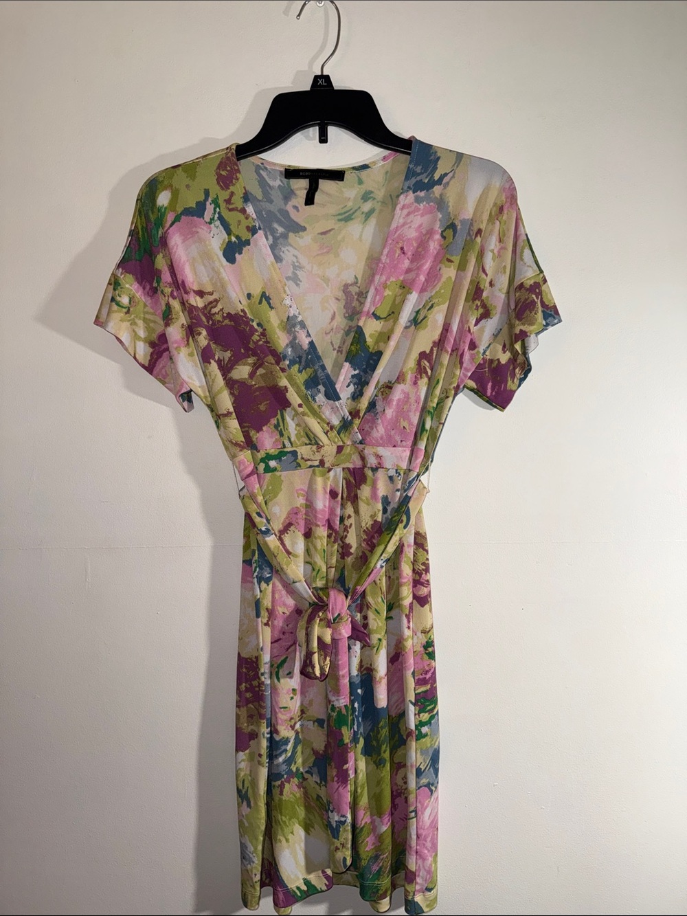 BCBGMaxAzria Pink & Green Floral Wrap-Style Midi Dress